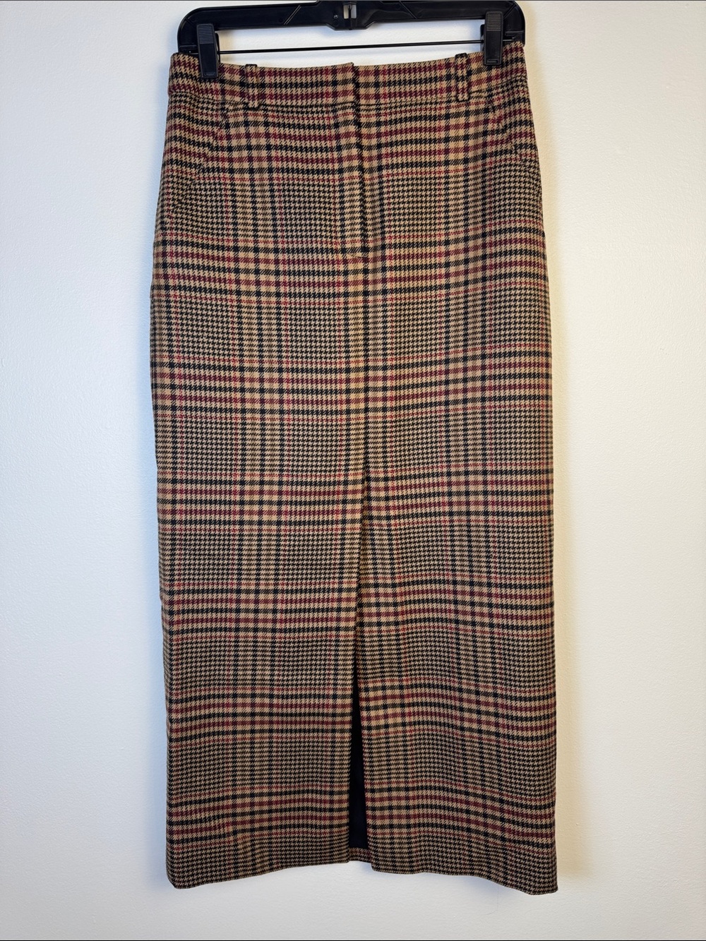 Veronica Beard Maxine Plaid Wool Maxi Skirt Front Slit Camel Black Burgundy
